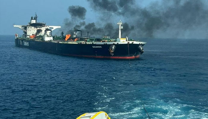 Flames and smoke rise from the damaged Greek-flagged oil tanker MV Sounion, which has been on fire since August 23, after an attack by Houthi militants, on the Red Sea, September 15, 2024 in this handout image. — Reuters