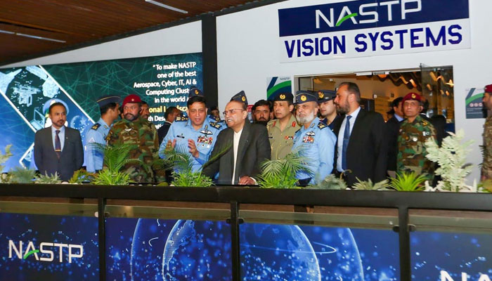 President Asif Ali Zardari (centre) being briefed about the National Aerospace Science and Technology Park (NASTP), during his visit to NASTP on January 31, 2025. — APP