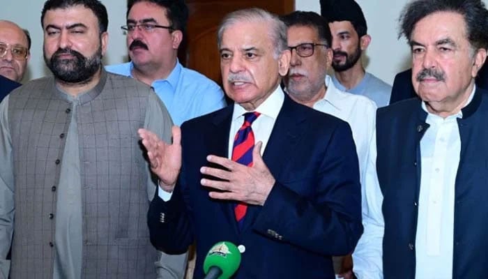 Prime Minister Shehbaz Sharif addressing media in this undated image.— APP/File