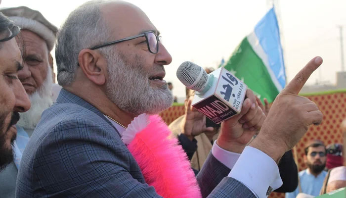 Jamaat-e-Islami (JI) leader and Senator Mushtaq Ahmed Khan addresses a public gathering in Landikotal in the Khyber district on January 24, 2024. — Facebook/@MushtaqAhmadKhan