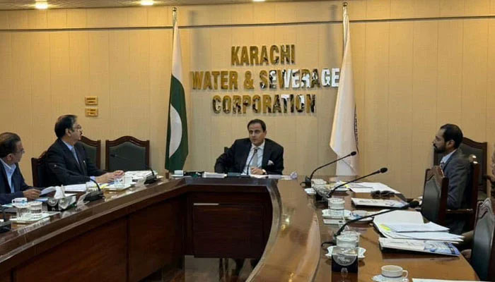 Mayor Karachi and Chairman KWSC Barrister Murtaza Wahab can be seen while presiding over a meeting at the Karachi Water and Sewerage Corporation on February 15, 2024. — Facebook/Karachi Water & Sewerage Corporation