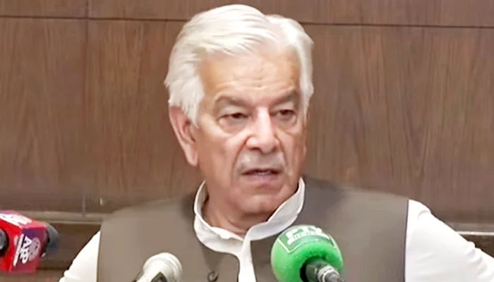 Defence Minister Khawaja Asif speaks during a press conference in Lahore, on June 25, 2024. — Screengrab/YouTube/GeoNewsLive