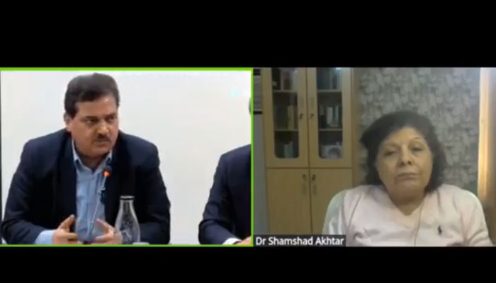 The image shows a screenshot of an online seminar on Policy coherence for economic transformation organised by the Sustainable Development Policy Institute (SDPI) on February 3, 2025. — Facebook@sdpipakistan