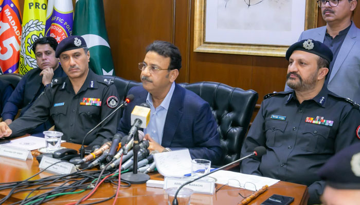 Sindh Home Minister Ziaul Hassan Lanjar (centre) speaks to media persons during a meeting with police officials on January 1, 2025. — Facebook@Minister for Home and Law Sindh