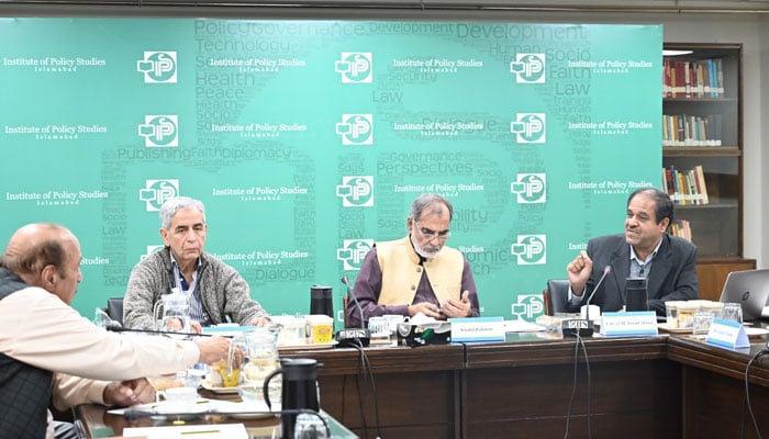 Participant speaks during a roundtable discussion titled “Navigating Pakistan’s Blue Economy: Strategic Insights and Future Roadmap” at the Institute of Policy Studies Islamabad on February 5, 2025. — Facebook@jawad.akhtar.585