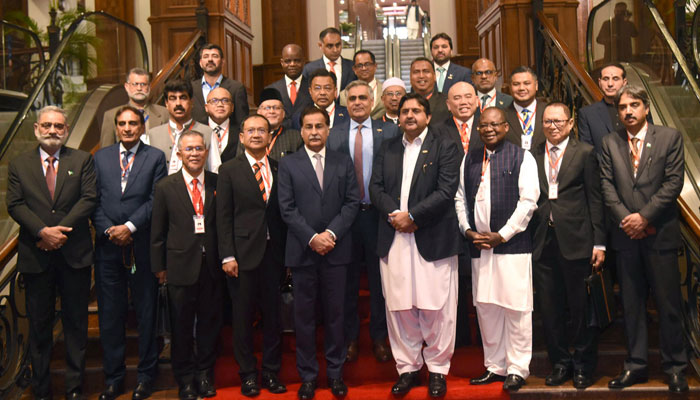 Group photo of Speaker National Assembly Sardar Ayaz Sadiq (5th left in 1st row), Speaker Punjab Assembly Malik Ahmed Khan (4th right in 1st row) along with the main participants of the conference, international speakers and general secretaries for the first Asia and Southeast Asia Regional CPA Conference at the Punjab Assembly on February 7, 2025. — APP