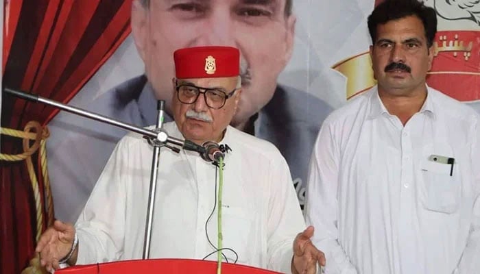 Awami National Party (ANP) provincial president Mian Iftikhar Hussain addresses a gathering on May 21, 2024. — Facebook@Mian Iftikhar Hussain