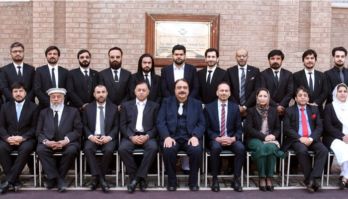 Participants pose for a group photo one-day workshop organised by the International Mediation and Arbitration Centre (IMAC) in collaboration with the Khyber Pakhtunkhwa Judicial Academy on February 4, 2025. — Facebook@/kpjapeshawar