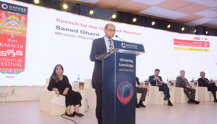 Sindh Local Government Minister Saeed Ghani  addresses the Karachi Literature Festival inauguration ceremony at a local hotel on February 7, 2025. — APP