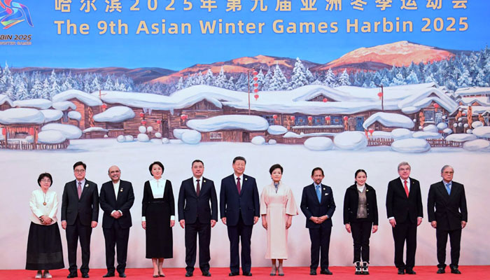 President Asif Ali Zardari in a group photo with the Heads of States/Governments attending the Opening Ceremony of the 9th Asian Winter Games 2025 on February 07, 2025. — APP