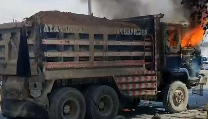 View of huge fire flames rise from burning vehicle after traffic accident in Korangi area, Karachi, on February 8, 2025. — PPI