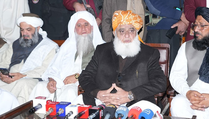 Jamiat Ulema-e-Islam-Fazl (JUIF) chief Maulana Fazlur Rehman speaks to the media in KP on February 8, 2025. — Facebook@MoulanaOfficial