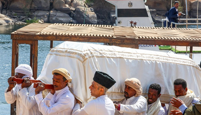 People carry casket of Prince Karim al-Hussaini Aga Khan IV during a private burial ceremony in Aswan, Egypt on February 9, 2025. — Facebook@theismaili