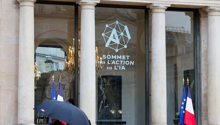 The logo of the Artificial Intelligence (AI) Action Summit, at the Elysee Palace, in Paris, on Monday, February 10,2025. — AFP