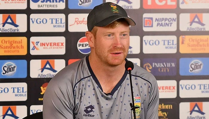 South Africas Heinrich Klaasen speaks during a press conference at the National Bank Stadium in Karachi on February 11, 2025. — PCB