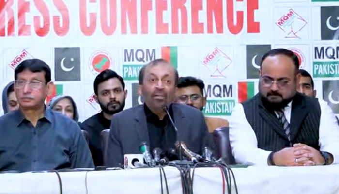 Muttahida Qaumi Movement-Pakistan senior leader Dr Farooq Sattar (centre) speaks at a press conference at the Bahadurabad headquarters of the MQM on February 11, 2025. — Screengrab via Facebook@APMSOMediaCell