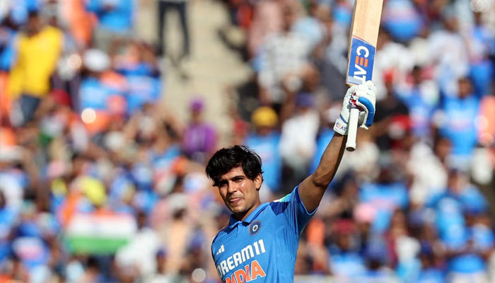 Indias Shubman Gill celebrates after reaching his century, February 12, 2025. — Reuters