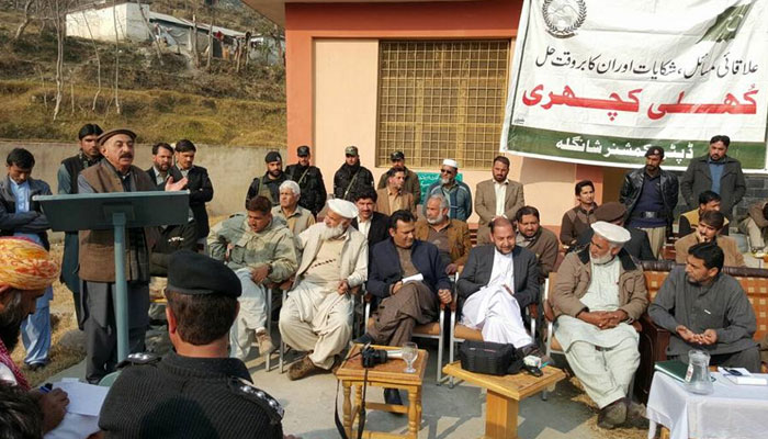 This representational image shows a man speaking in Khuli Kutchehri in Shangla. — Facebook@HealthKPGovt/File