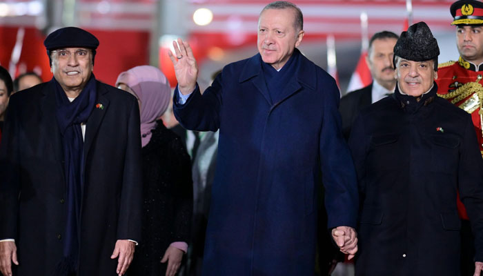 President Asif Ali Zardari and Prime Minister Shehbaz Sharif receive Turkish President Recep Tayyip Erdogan at the Islamabad airport on February 12, 2025. — PID