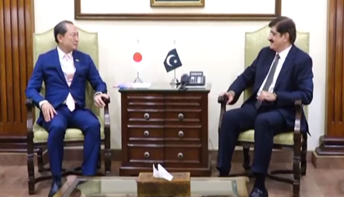 Sindh Chief Minister Syed Murad Ali Shah (right) exchanges views with the ambassador of Japan to Pakistan, Akamatsu Shuichi during a meeting at the Chief Minister House on February 13, 2025. — Screengrab via Facebook@SindhCMHouse
