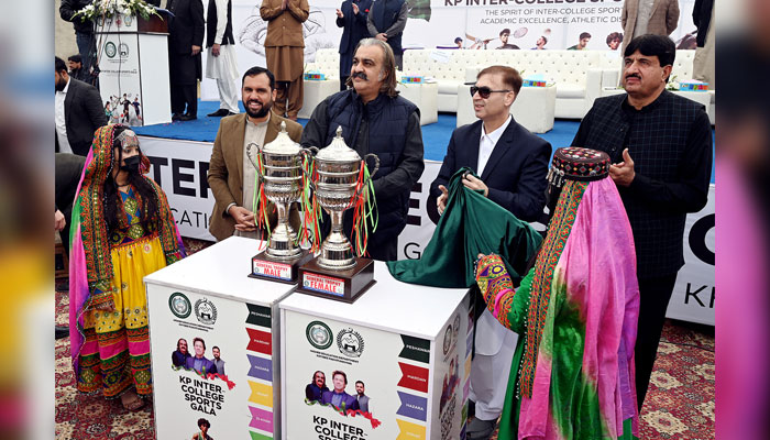 Chief Minister Ali Amin Khan Gandapur unveils the trophies during the Khyber Pakhtunkhwa Inter-College Sports Gala on February 14, 2025. — NNI