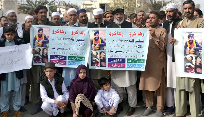Relatives of Safeer Ullah hold a protest demonstration for his release, at Peshawar press club on February 14, 2025. — PPI