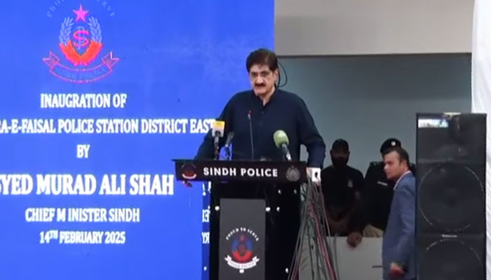 Sindh Chief Minister Syed Murad Ali Shah speaks at the inauguration ceremony of the model Police Station Shahrah e Faisal Karachi on February 14, 2025. — Screengrab via Facebook@SindhCMHouse