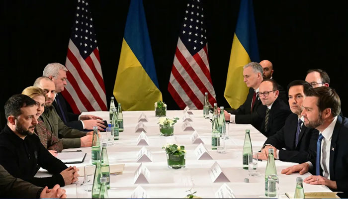 US Vice President JD Vance (right), US Secretary of State Marco Rubio (second right), and Ukrainian President Volodymyr Zelensky (left) meet on the sidelines of the Munich Security Conference in Munich on February 14. — AFP