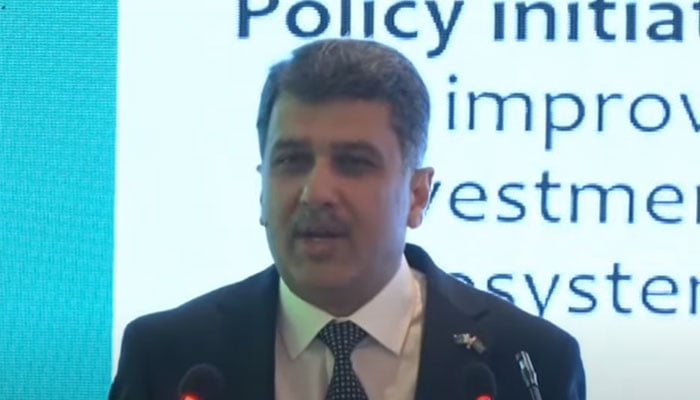 National Coordinator of the Special Investment Facilitation Council (SIFC) Lt General Sarfraz Ahmed addressing an event. — Screengrab via PTV/File