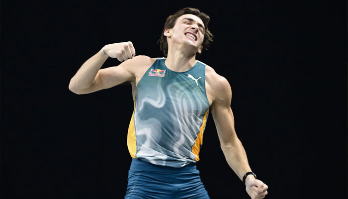 Armand Duplantis celebrates after clearing 6.10m in Berlin on Friday. — AFP/File