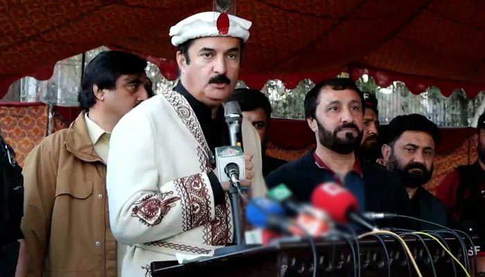 KP Governor Faisal Karim Kundi addresses the Chitral Cricket Championship Final on February 16, 2025. — Screengrab via Facebook@FaisalKarimKundi