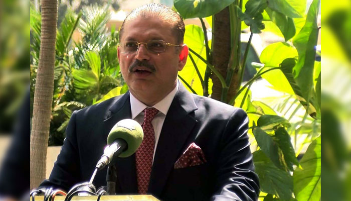 Sindh Senior Minister Sharjeel Inam Memon addresses media persons during a press conference at the Sindh Assembly building in Karachi on February 17, 2025. — PPI