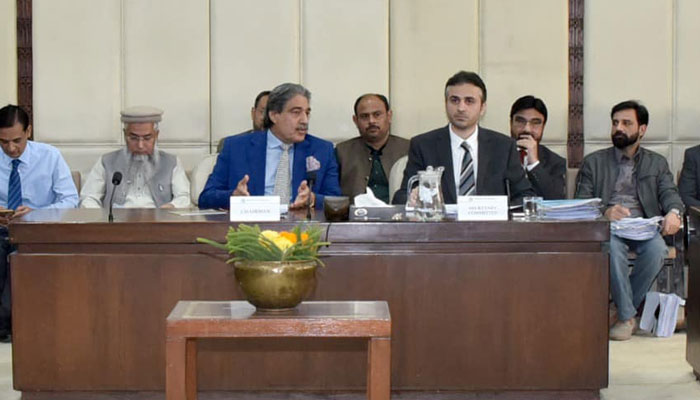 Chairman of Senate Standing Committee on Housing and Works Senator Nasir Mehmood presides over a meeting at the Parliament House on February 17, 2025. — Facebook@Pakistansenate