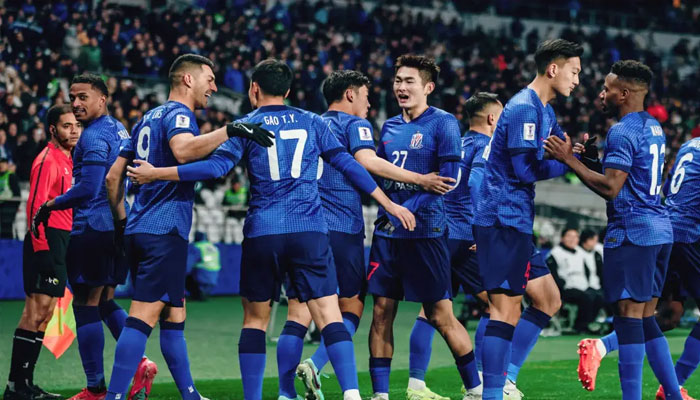 Shanghai Shenhua celebrating after today’s win, February 18, 2025.— AFP
