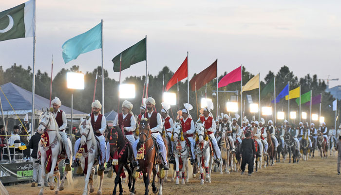 Players riding on horses arriving at the F-9 Park to participate in the “ Tent Pegging” Competition during the Spring Festival in Islamabad on February 18, 2025. — Online