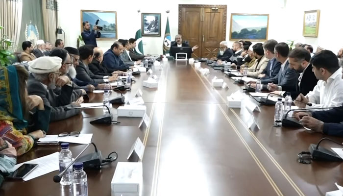 Chief Minister Ali Amin Khan Gandapur (centre) in a meeting with a delegation of the Sarhad Chamber of Commerce and Industries at the Chief Minister’s House on February 18, 2025. — Screengrab via Facebook@sarhadchamber