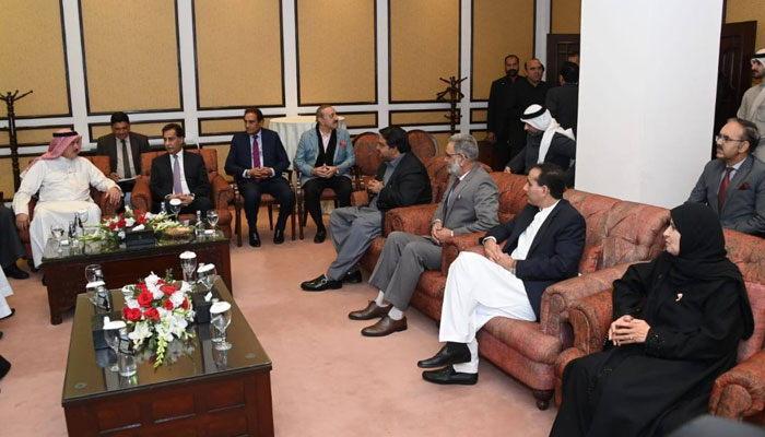 President of the Council of Representatives of Bahrain Ahmed bin Salman Al-Musallam (left) in a meeting with National Assembly Speaker Sardar Ayaz Sadiq (2nd left), with the Speakers of Punjab, KP, AJK, and GB assemblies on February 18, 2025. — Facebook@NationalAssemblyOfPakistan