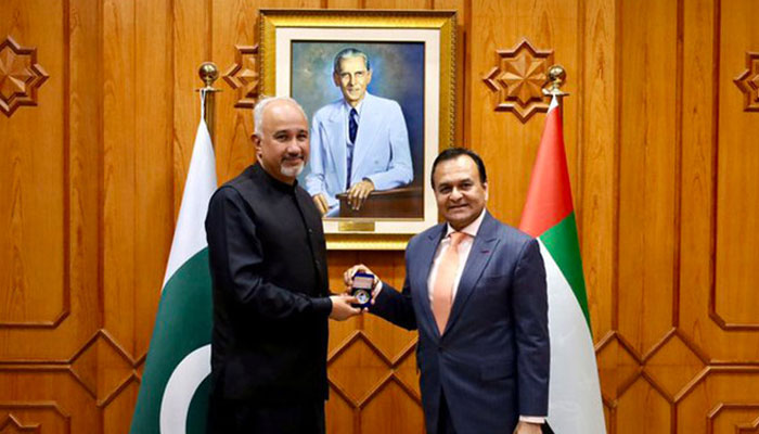 Pakistans Ambassador to the UAE Faisal Niaz Tirmizi (left) standing with Mr. Tariq Nizami, President CEO’s Club at the Embassy of Pakistan, Abu Dhabi on February 15, 2023.— X@PakinUAE