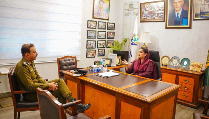 Chairperson Child Protection and Welfare Bureau (CPWB) and Punjab Assembly member Sarah Ahmed (right) in a meeting with Lahore Chief Traffic Officer (CTO) Athar Waheed (left) in her office on February 19, 2025. — Facebook@cpwb.punjab.gov
