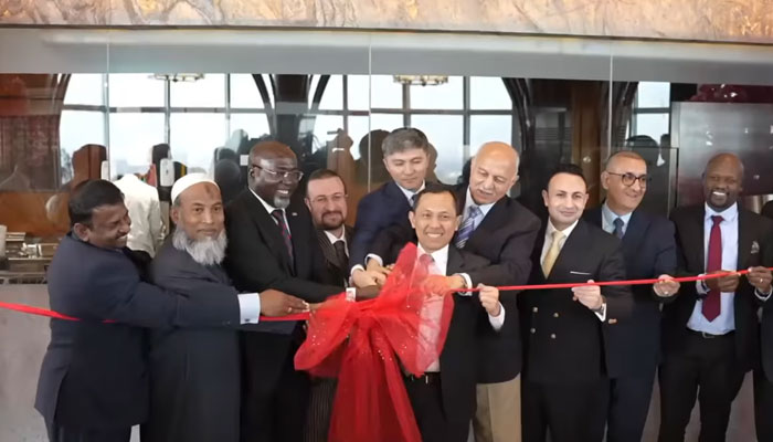 Senator Mushahid Hussain Syed as a chief guest (4th right) along with ambassadors of Sri Lanka, Bangladesh, Kazakhstan, Indonesia, Kenya, and Uzbekistan inaugurate the Zen Asia restaurant at the Centaurus, Movenpick on February 19, 2025. — Screengrab via Facebook@Sardar Yasir Ilyas Khan