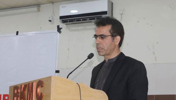Commissioner Mardan Division Nisar Ahmed addresses an awareness seminar on anti-corruption at Bacha Khan Medical College organized by the district administration of Mardan on February 18, 2025. — Facebook@Commissioner Mardan Division Mardan