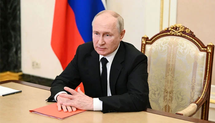 Russian President Vladimir Putin chairing a Security Council meeting via a video conference at the Kremlin in Moscow on August 4, 2023. — AFP