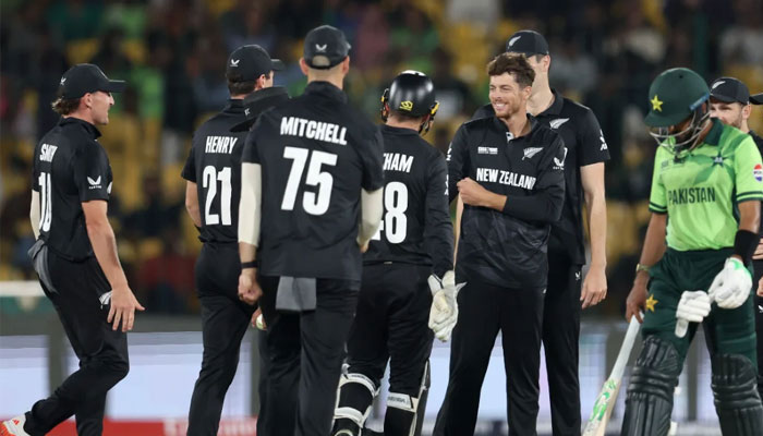 New Zealand team celebrating after beating Pakistan, February 19, 2025. — Radio Pakistan