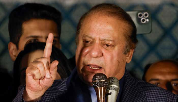 Former prime minister Nawaz Sharif addressing a public gathering in this undated photo. — AFP/File