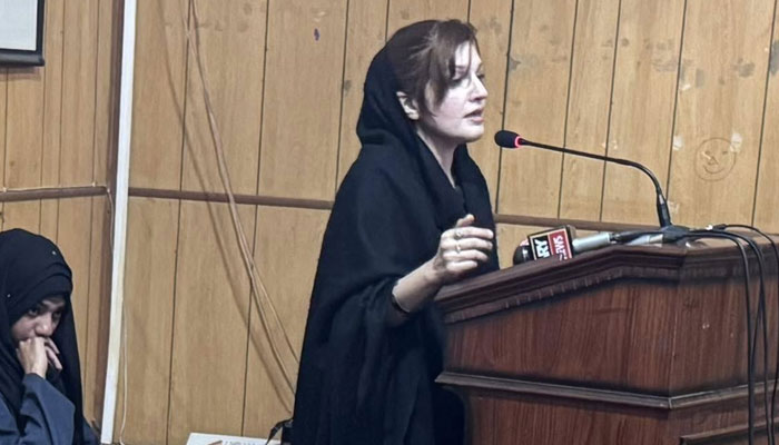 Kashmiri Hurriyat leader Yasin Malik’s wife Mushaal Malik addresses a seminar organised by the Department of History and Pakistan Studies, Punjab University on February 20, 2025. — Facebook@Department of History & Pakistan Studies
