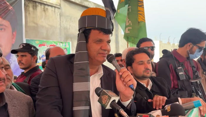 Federal Minister for Kashmir Affairs Gilgit-Baltistan and SAFRON Amir Muqam speaking at an event in Swabi on February 20, 2025. — Screengrab via Facebook@AmirMuqamAM