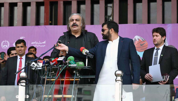 KP Chief Minister Ali Amin Gandapur  addresses the inauguration ceremony of the Khyber-Pakhtunkhwa Games 2025 at Qayyum Sports Complex on February 20, 2025. — APP