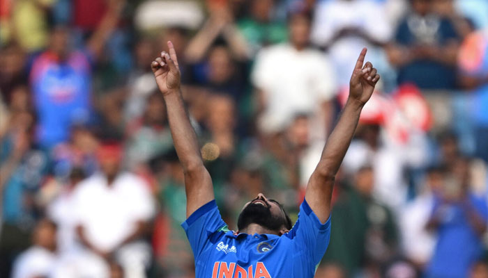 Mohammed Shami celebrates after taking the wicket of Taskin Ahmed. — AFP/File