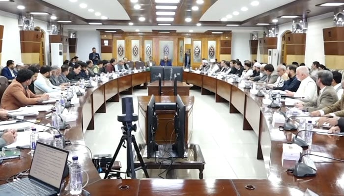 Chief Minister Ali Amin Khan Gandapur chairs the 25th meeting of the cabinet on February 21, 2025. — Screengrab via Facebook@AliAminKhanGandaporPTI