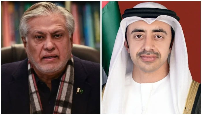 Foreign Minister Senator Ishaq Dar (left), and his UAE counterpart Sheikh Abdullah bin Zayed Al Nahyan. — AFP/mofa.gov.ae
